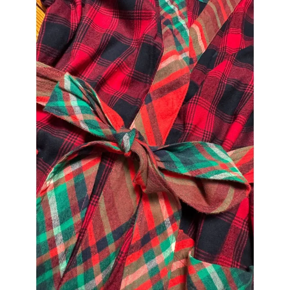 Aerie Plaid Flannel Wrap Robe Red Black Green Tartan Belted Lounge XS/S